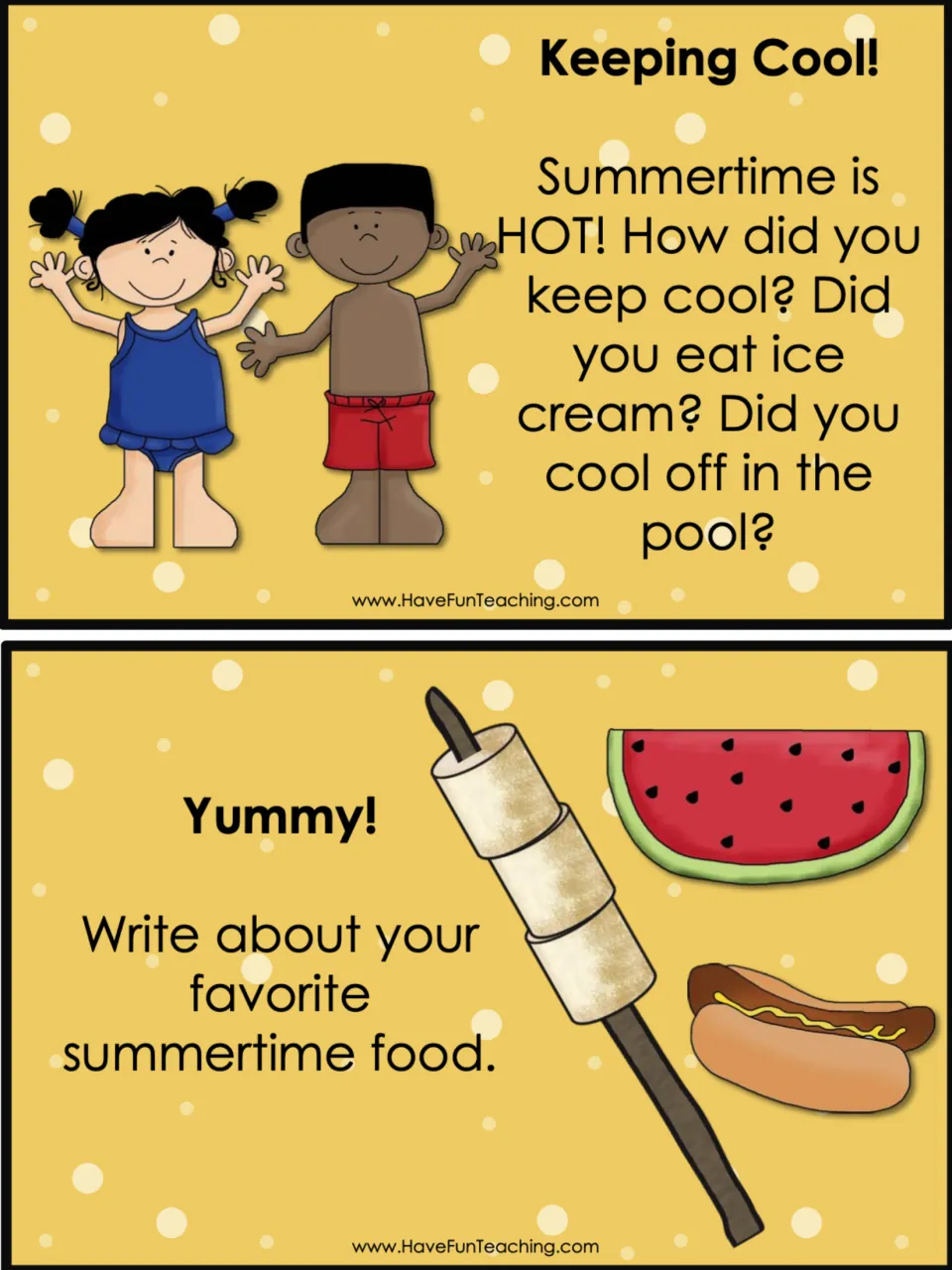 Summer prompt cards Keeping Cool! and Yummy!: students tell how they kept cool and write about a favorite summer food