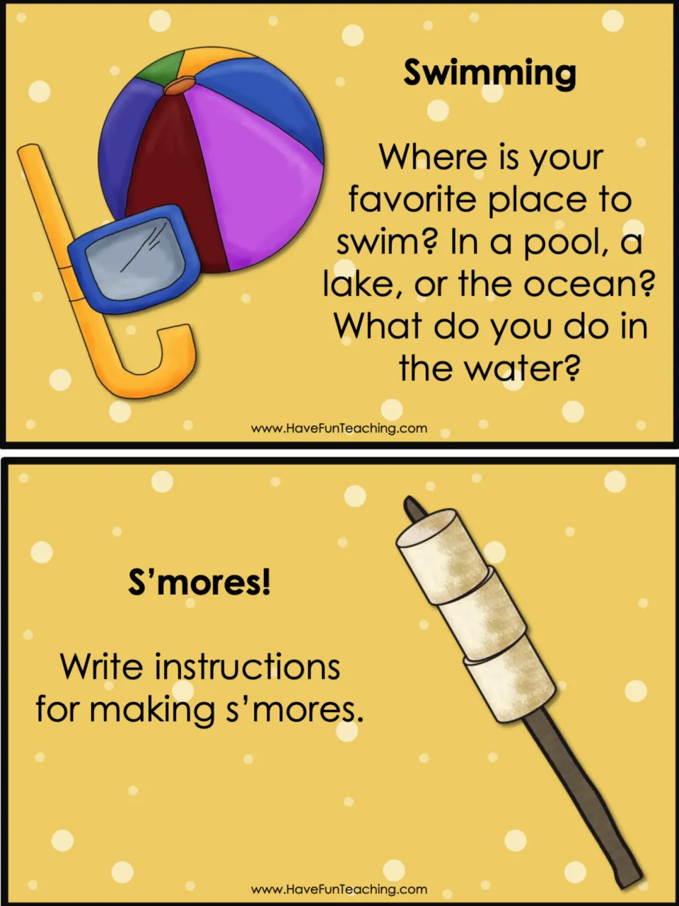 Summer prompt cards Swimming and S'mores!: students describe a favorite place to swim and write s'mores instructions