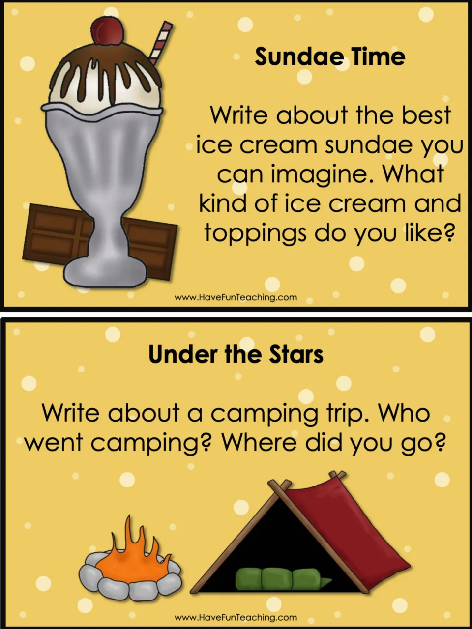 Summer prompt cards Sundae Time and Under the Stars: students imagine the best ice cream sundae and recall a camping trip