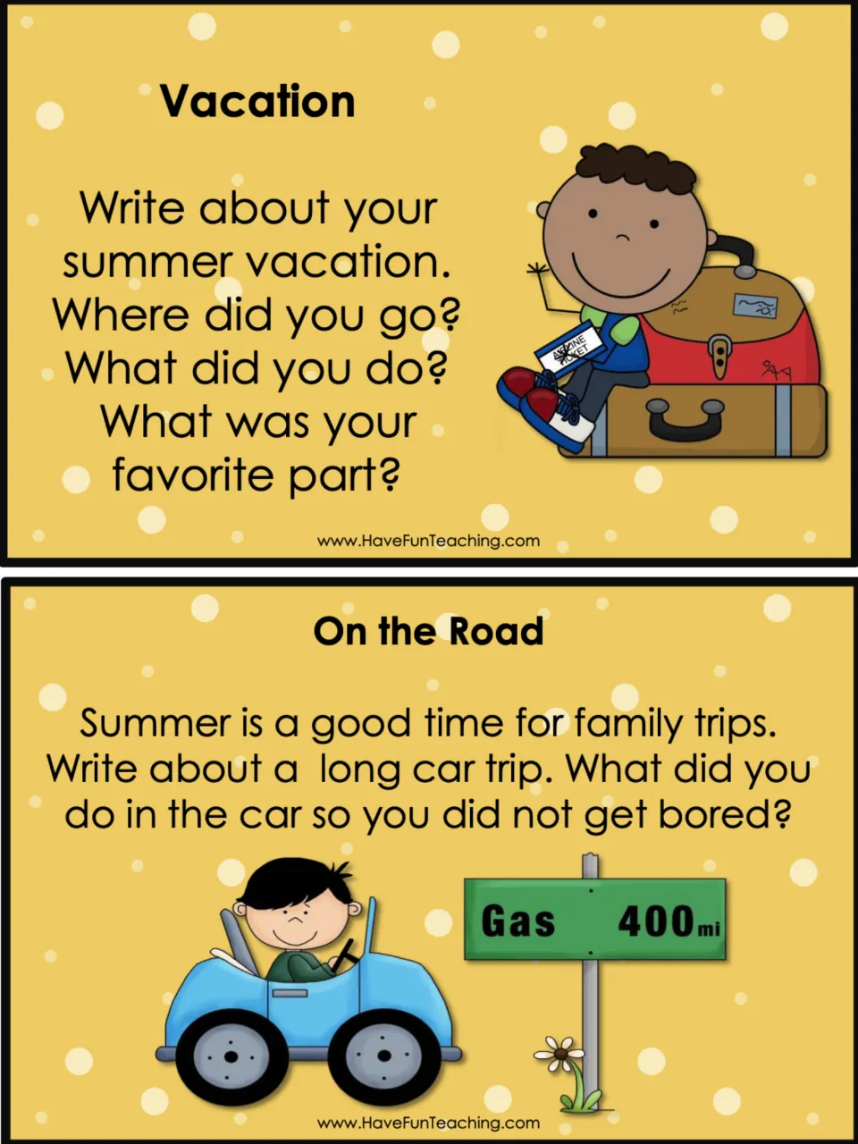 Summer prompt cards Vacation and On the Road: students recount a summer vacation and how they beat boredom on a car trip