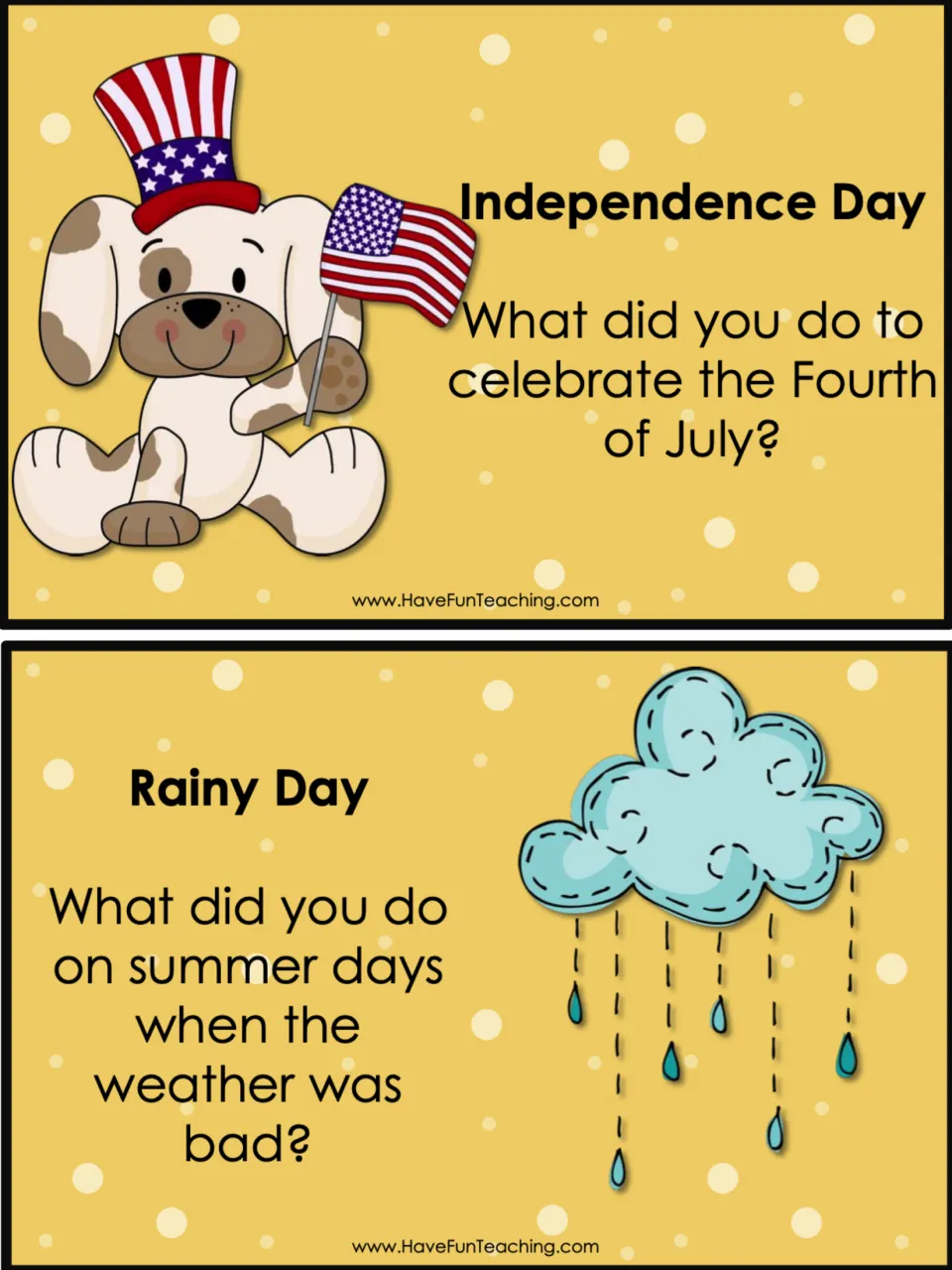 Summer prompt cards Independence Day and Rainy Day: students recall Fourth of July fun and bad-weather summer days