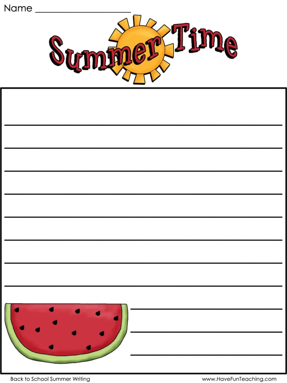 Color Summer Time writing paper with watermelon art and a name blank where students answer their chosen prompt card