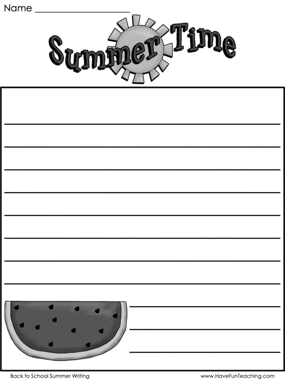Black-and-white Summer Time writing paper with watermelon art, ready for students to write their prompt response