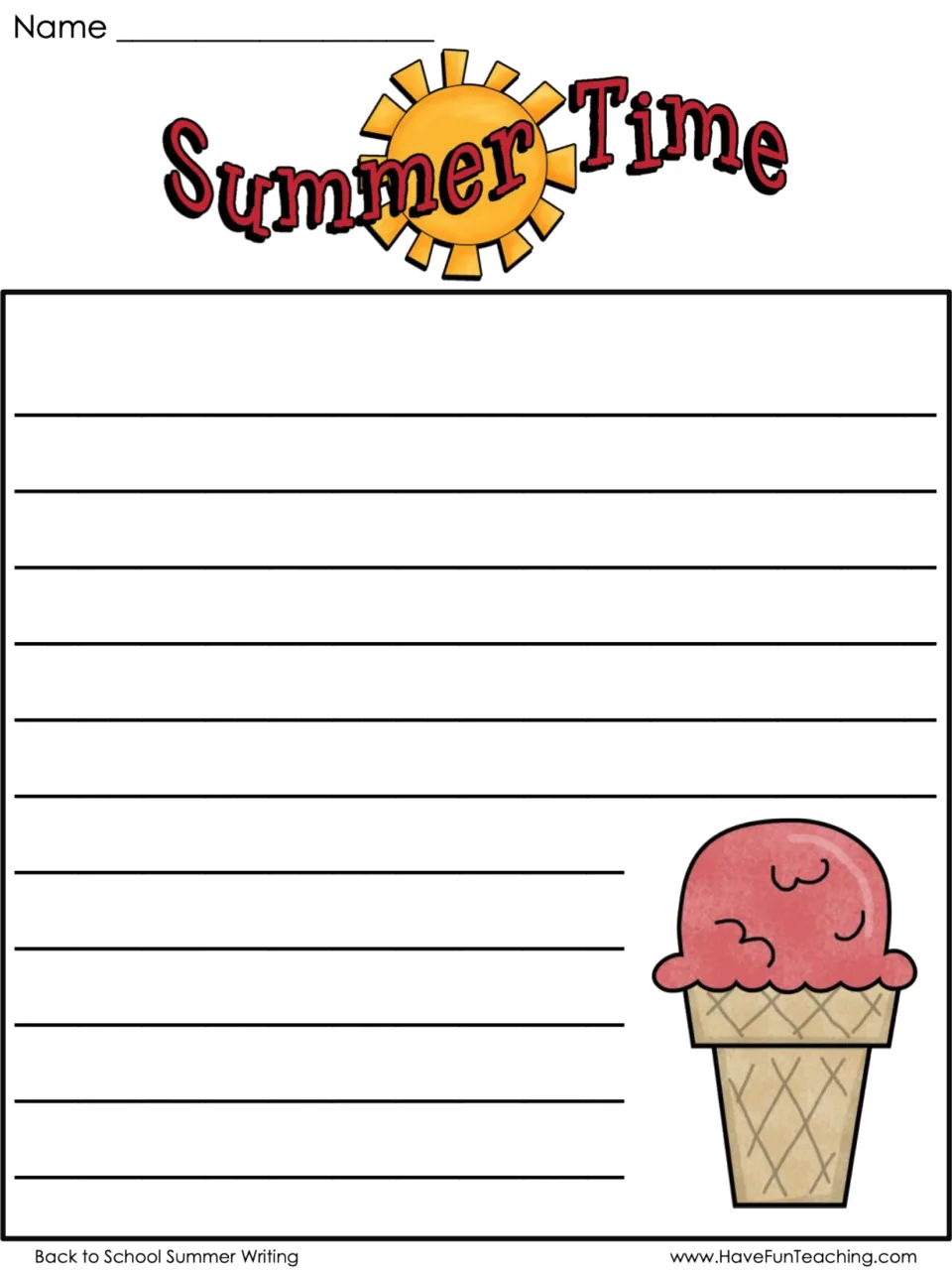 Color Summer Time writing paper with an ice cream cone picture and name blank for students to answer a summer prompt