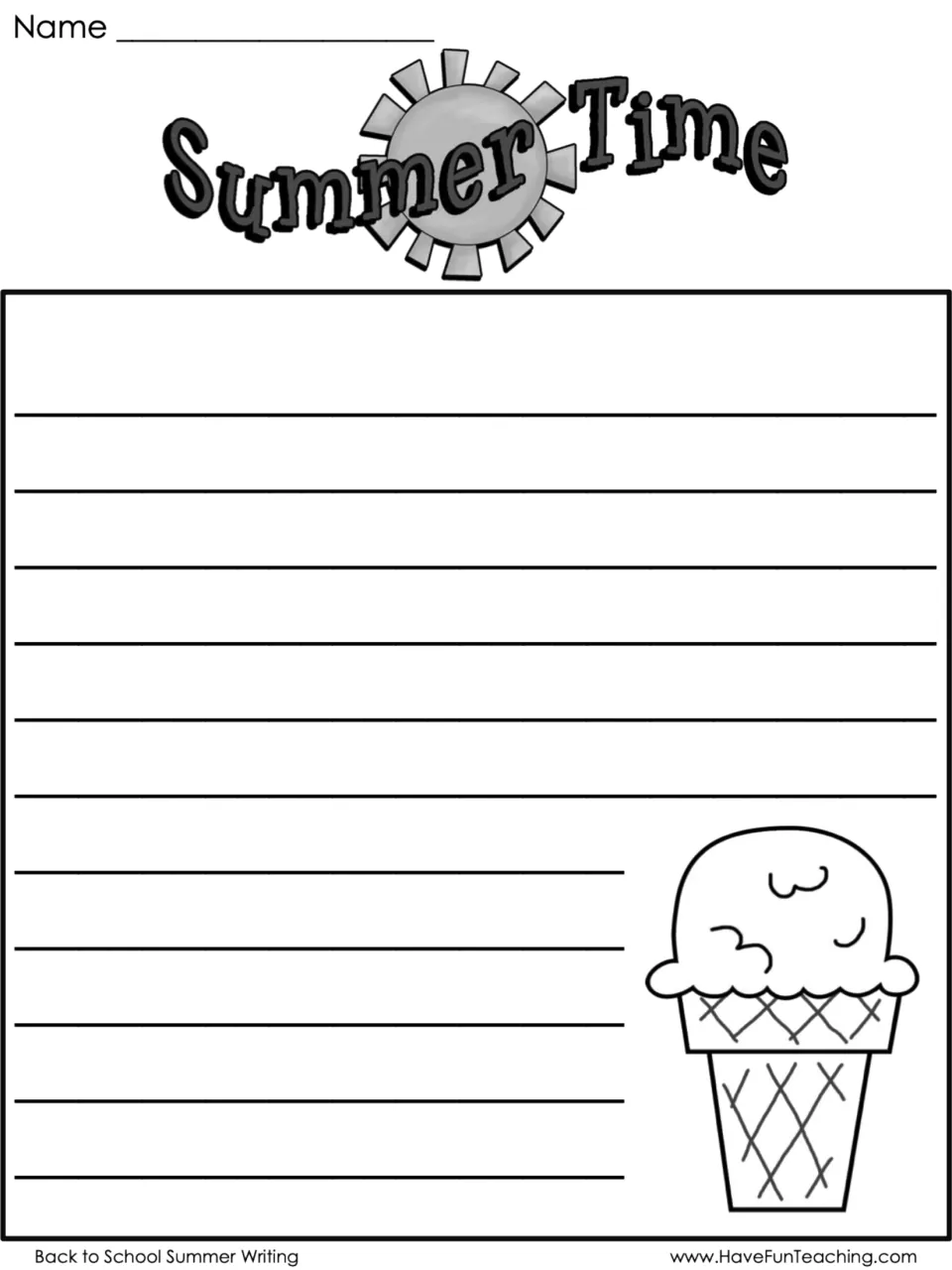Black-and-white Summer Time writing paper with an ice cream cone to color after students write their prompt answer