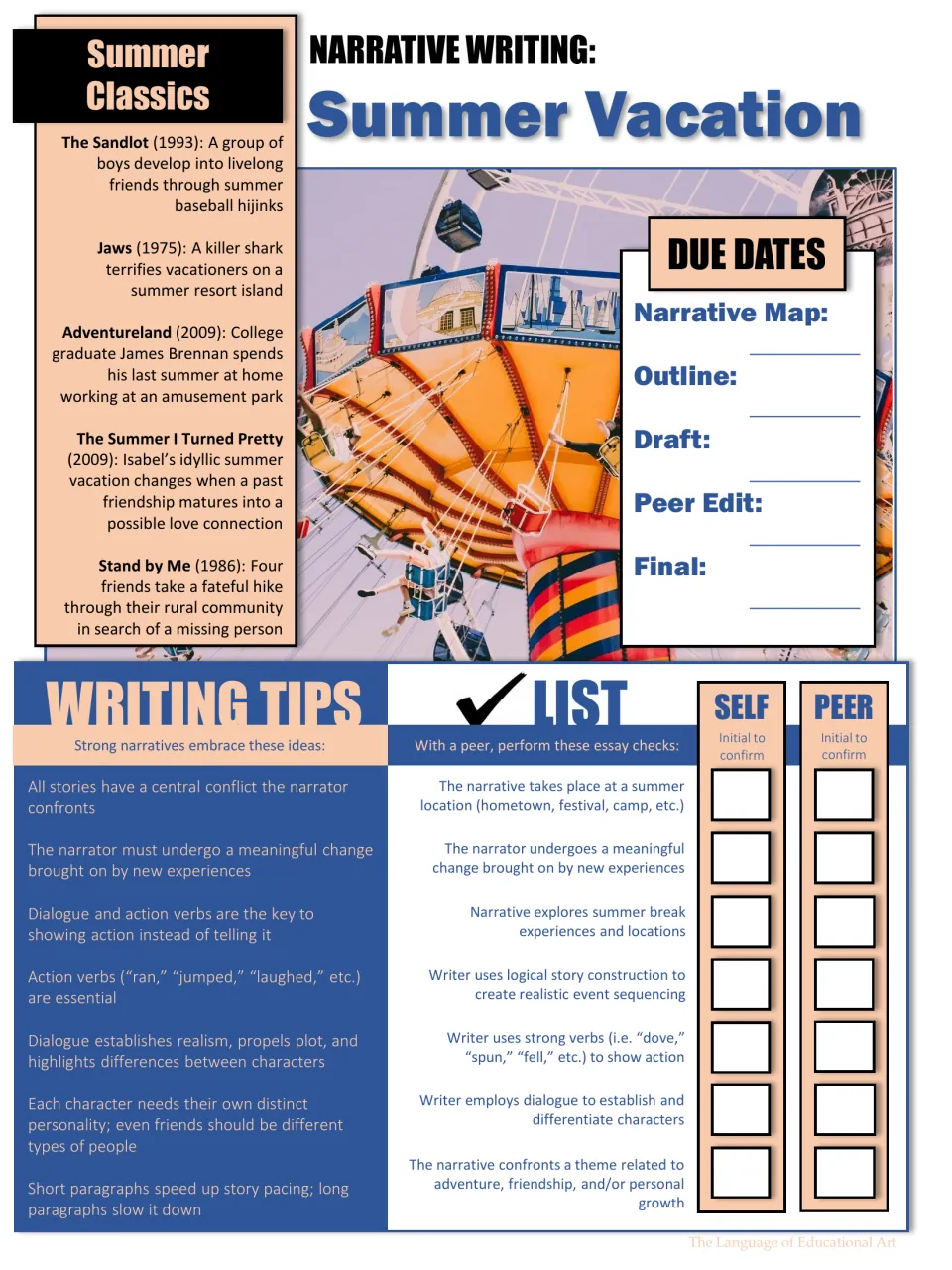 Narrative writing guide: summer story examples, due dates, writing tips, and a self and peer checklist