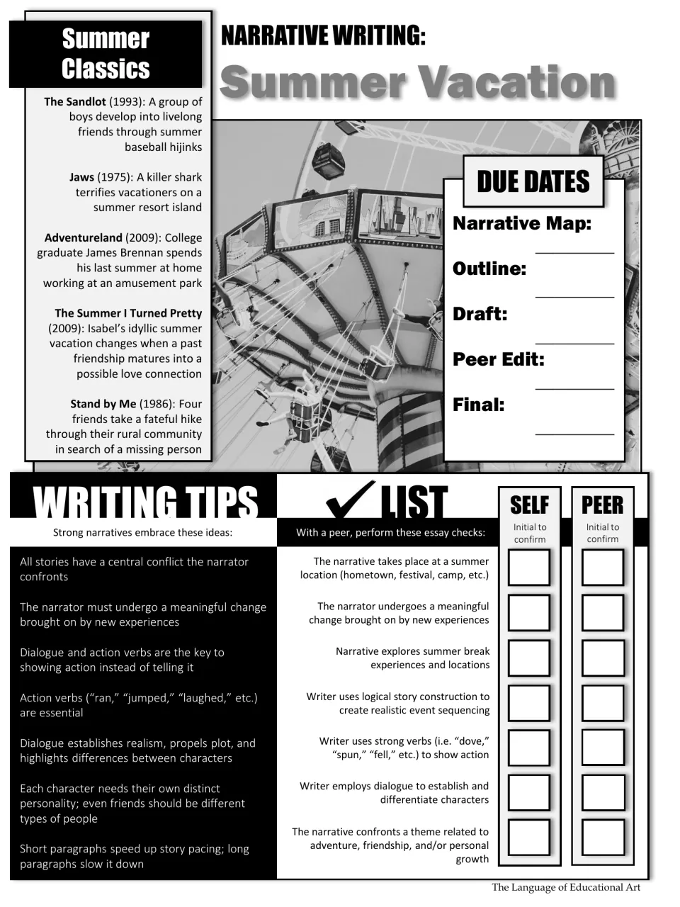 Black-and-white narrative guide with summer story examples, due dates, writing tips, and a revision checklist
