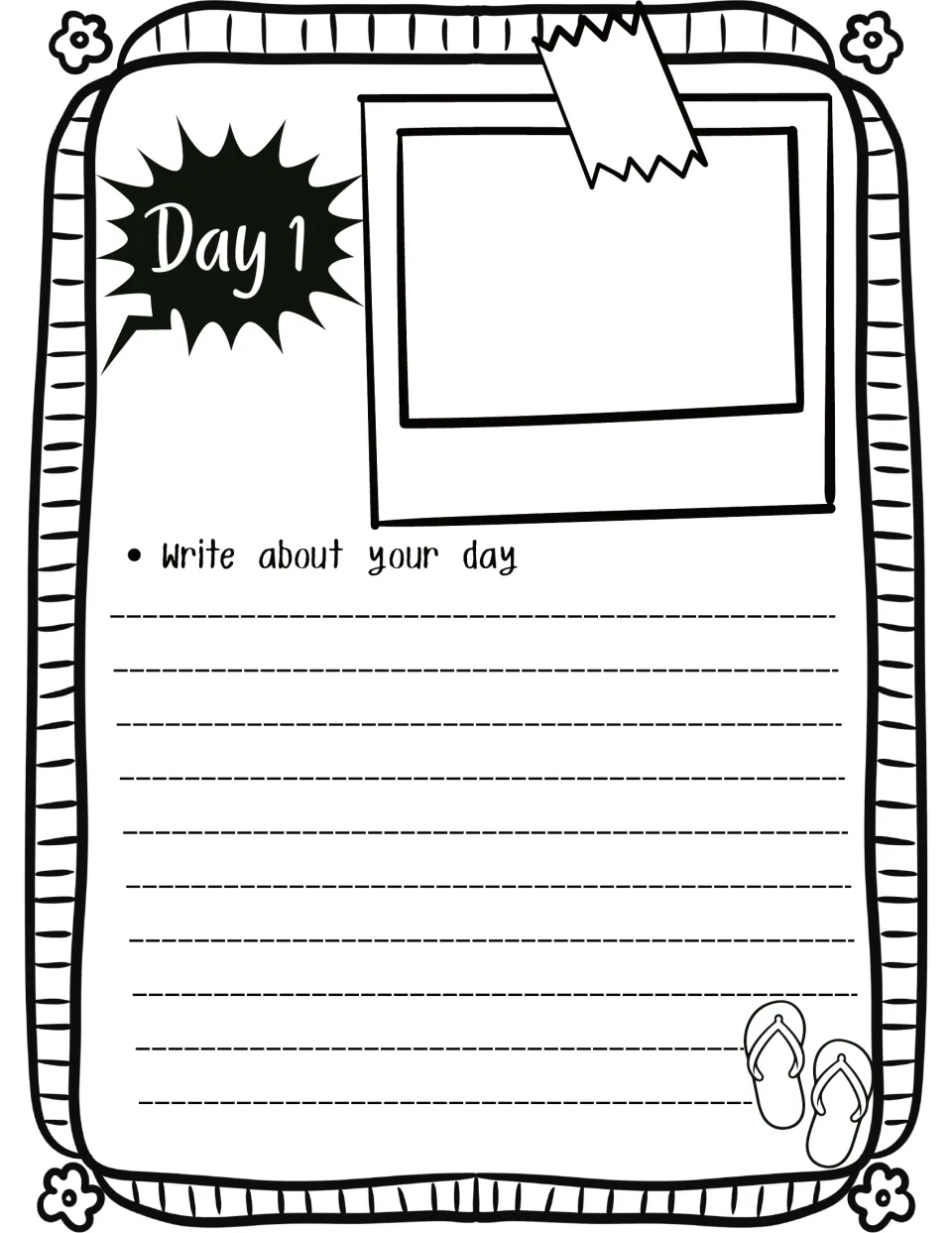 Day 1 summer journal entry: students write about their day under a taped photo space, with flip-flops drawn in the corner