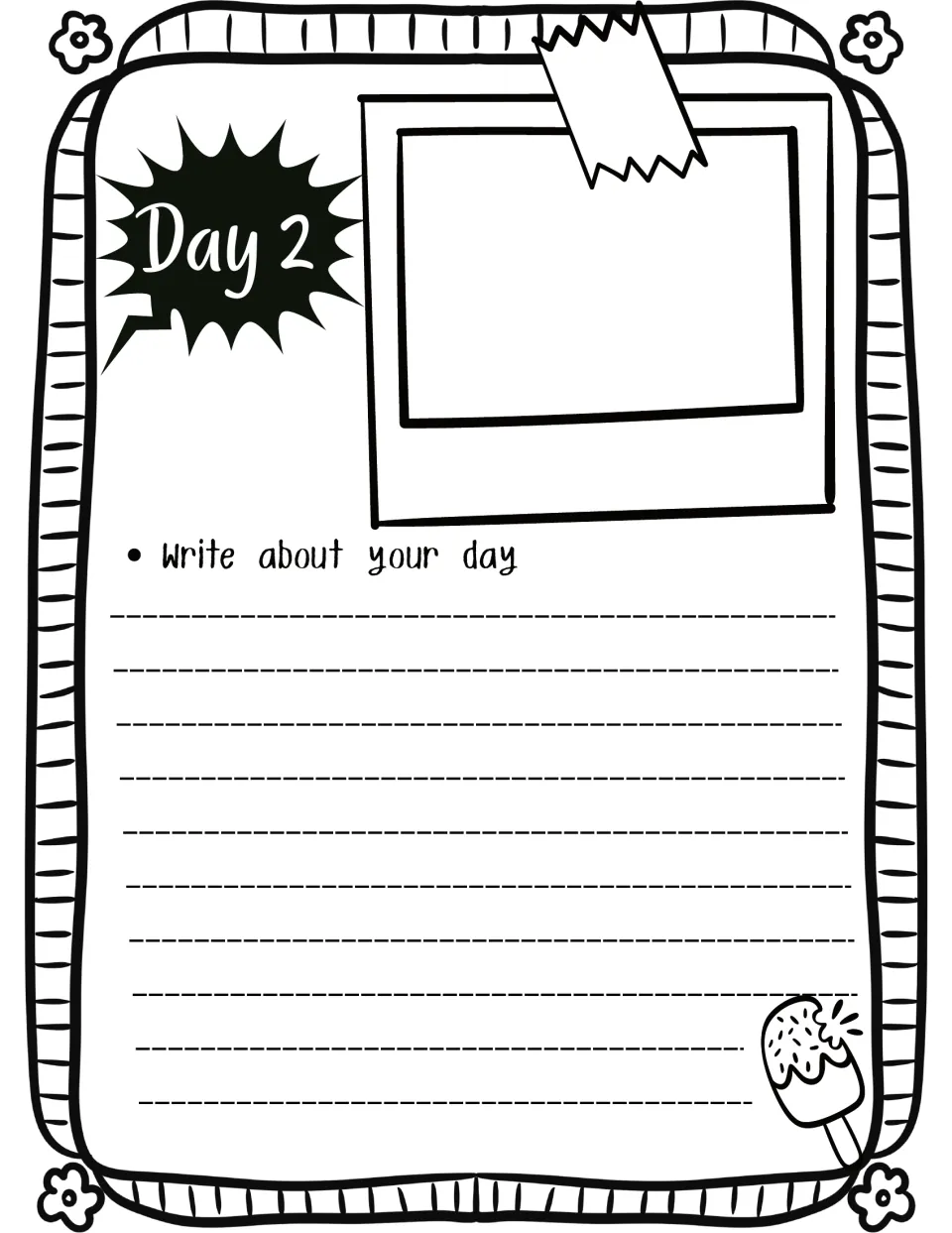 Day 2 travel journal page: students recount the day in writing beneath a taped snapshot spot, decorated with an ice pop