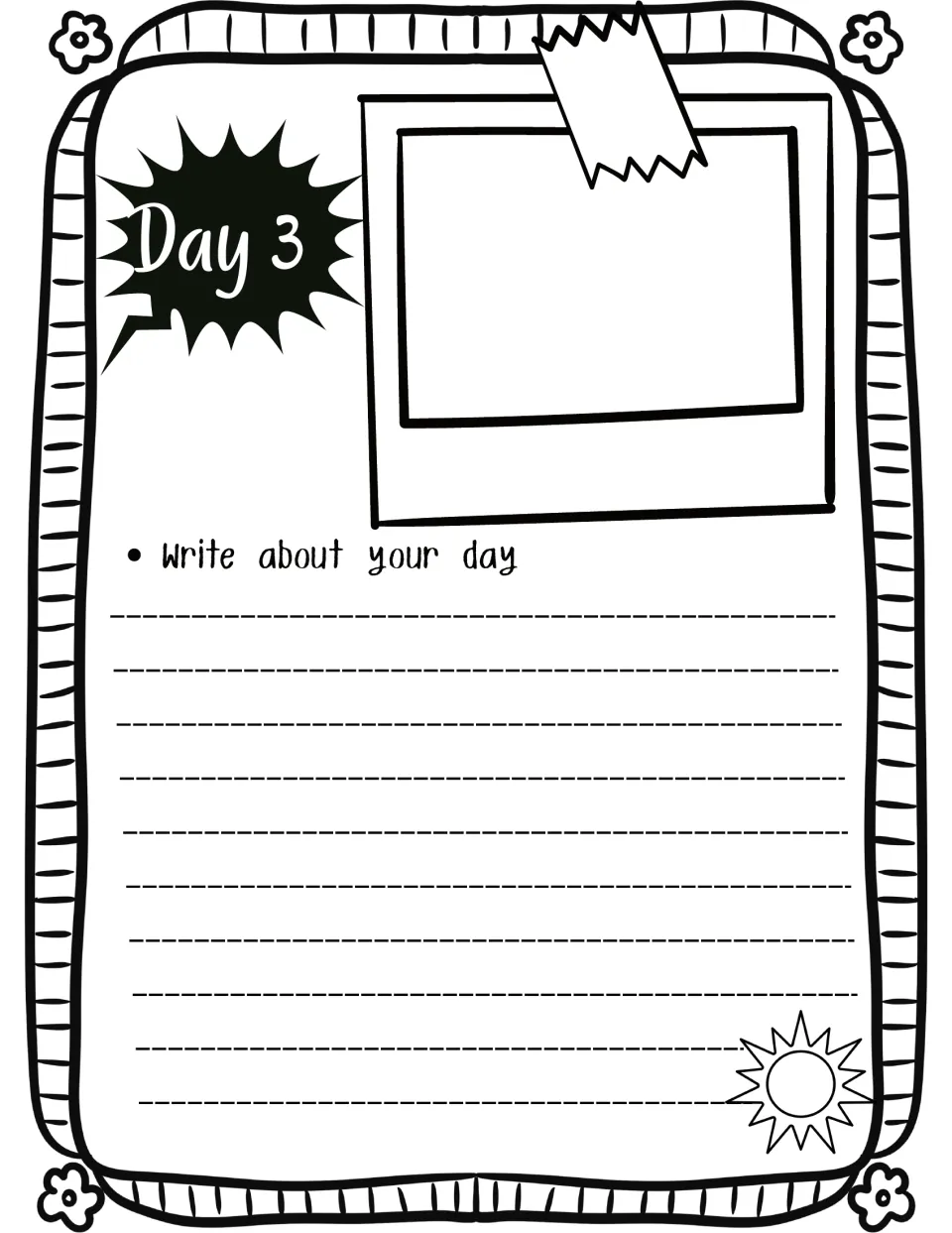 Day 3 vacation diary: students describe what happened that day in a personal recount, with a sun doodle beside it