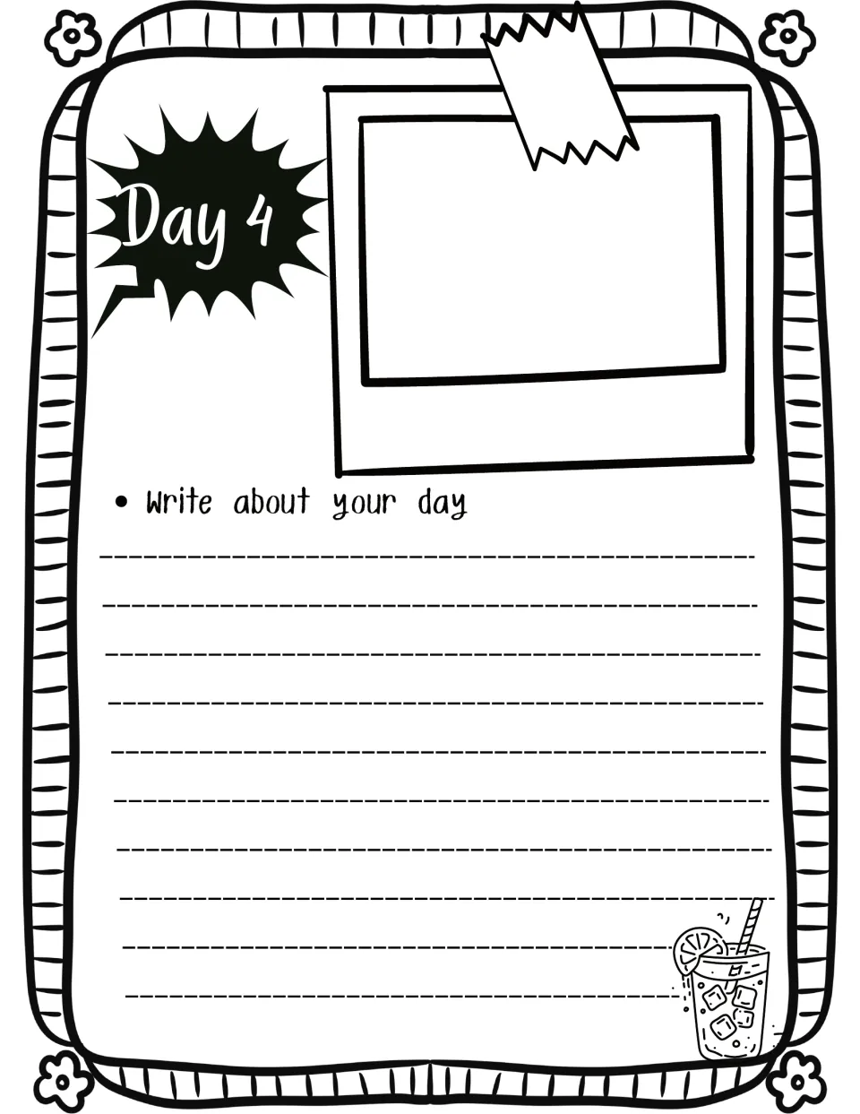 Day 4 journal entry: students write about their day with a taped photo space above, decorated with a glass of lemonade
