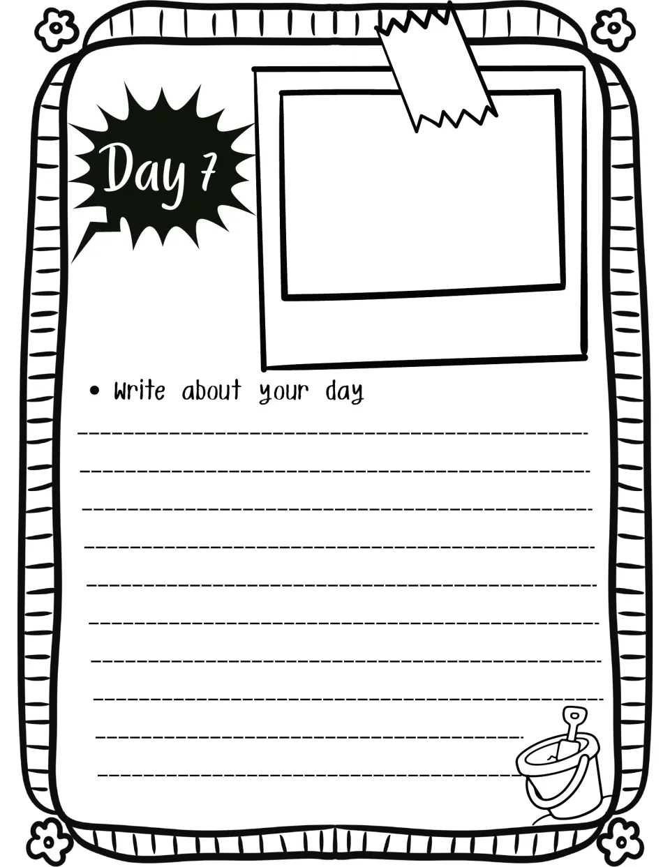 Day 7 vacation writing entry: students tell about their day in their own words, decorated with a sand bucket and shovel