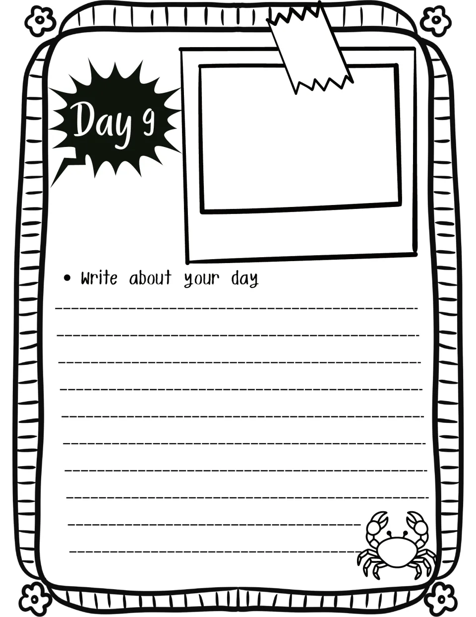 Day 9 travel memories entry: students recount their day in writing beneath a taped photo area, with a crab drawn nearby