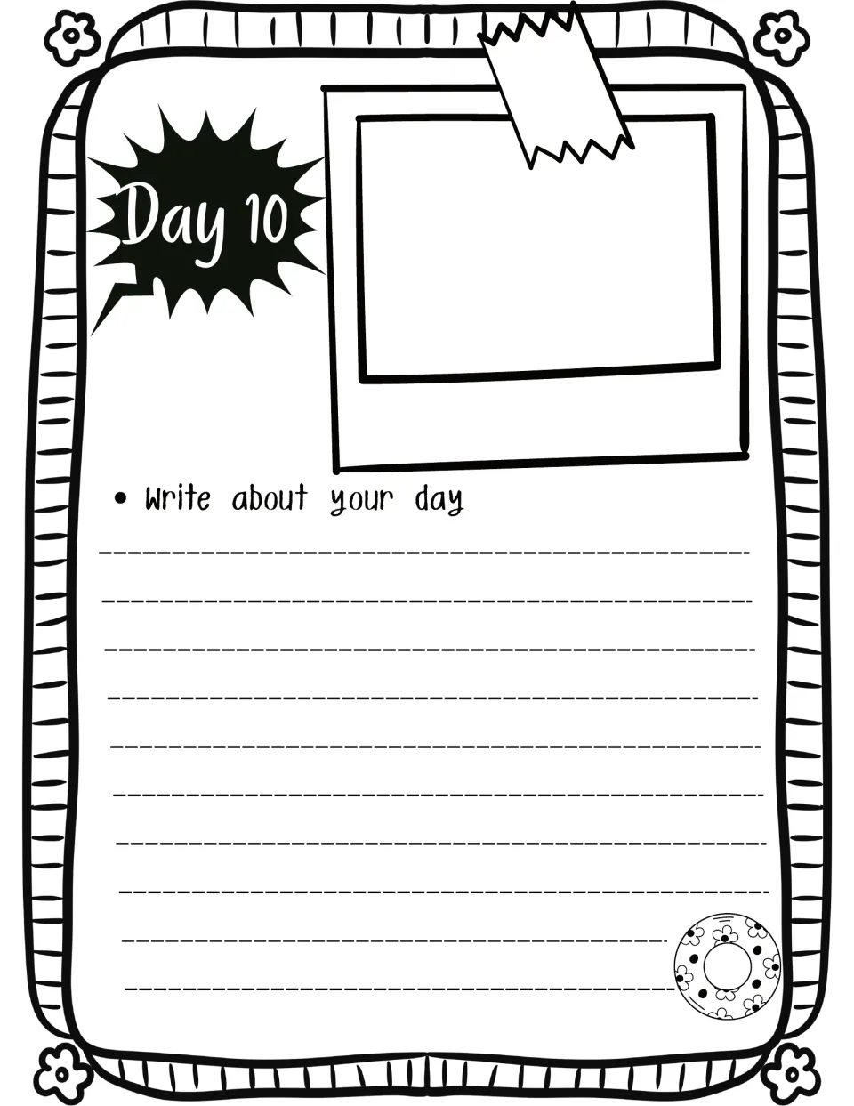 Day 10 journal entry: students write about the day and add a photo to the taped spot, decorated with a flowered swim ring