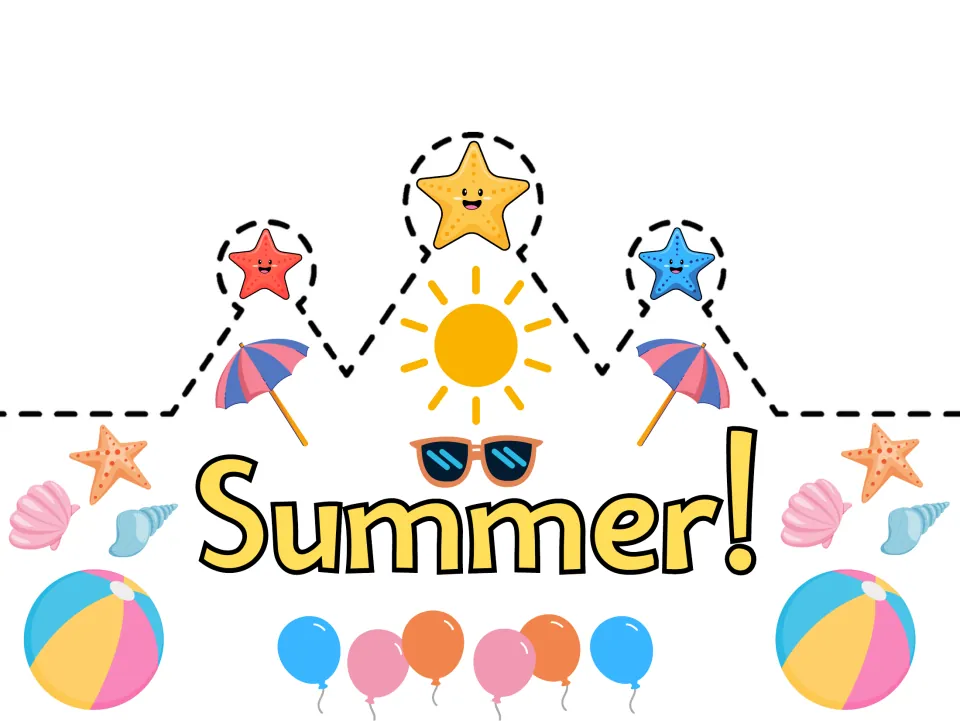 Pre-colored summer crown template reading 'Summer!' for students to wear during summer celebrations.