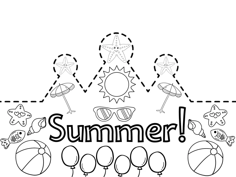 Black-and-white 'Summer!' crown template for coloring, featuring a sun, beach balls, fish, and balloons.