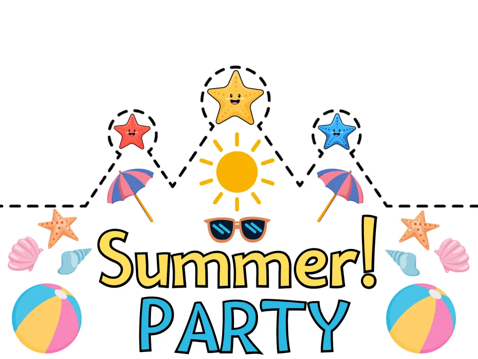 Pre-colored summer crown template reading 'Summer! PARTY' for students to wear at summer celebrations.