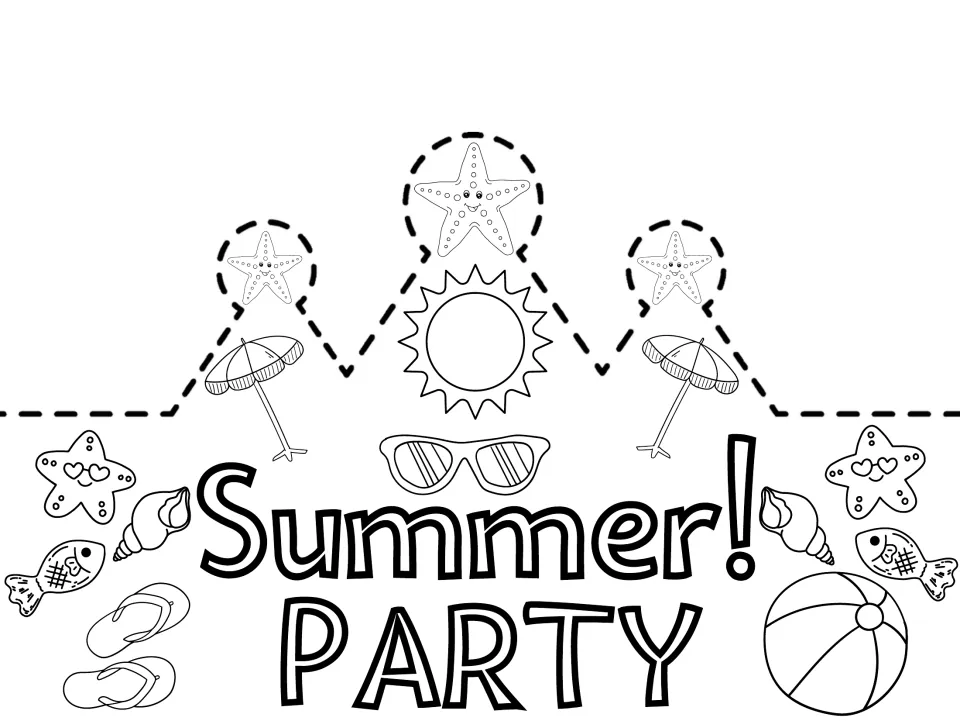 Black-and-white 'Summer! PARTY' crown template for coloring, featuring a sun, flip-flops, and a beach ball.