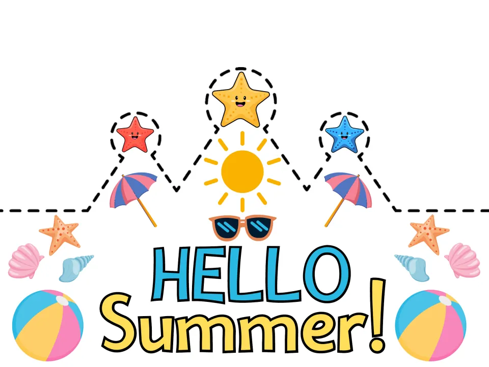 Pre-colored summer crown template reading 'HELLO Summer!' for students to wear at summer celebrations.