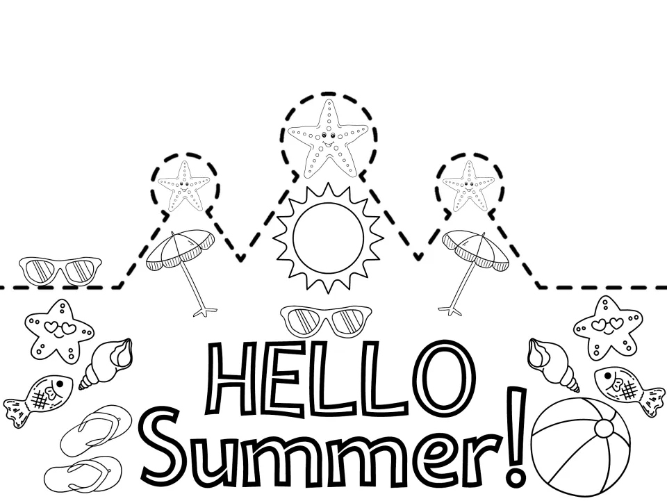 Black-and-white 'HELLO Summer!' crown template for coloring, featuring sunglasses, shells, and fish.
