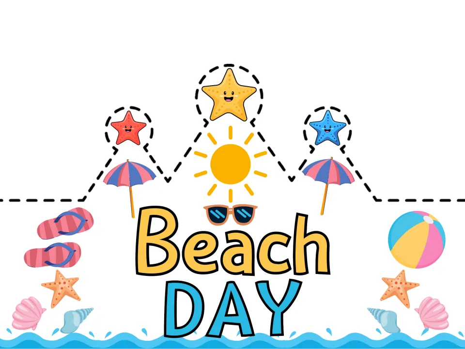 Pre-colored summer crown template reading 'Beach DAY' for students to wear during summer celebrations.