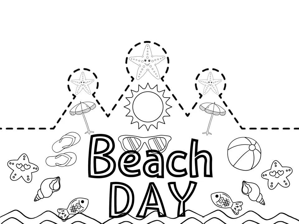 Black-and-white 'Beach DAY' crown template for coloring, featuring flip-flops, a beach ball, and fish.