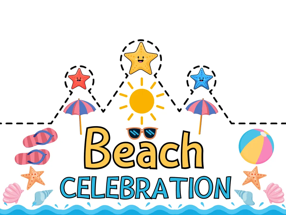 Pre-colored summer crown template reading 'Beach CELEBRATION' for students to wear at summer festivities.