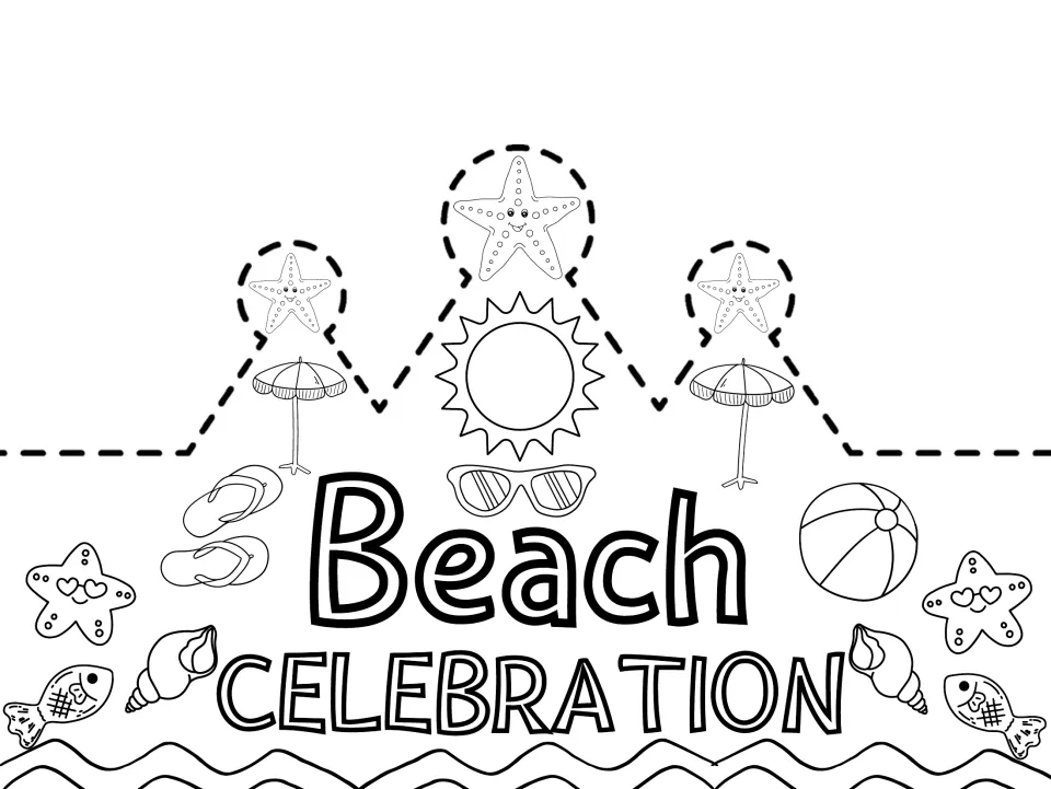 Black-and-white 'Beach CELEBRATION' crown template for coloring, featuring umbrellas, shells, and fish.