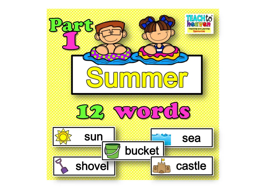 Summer Part 1 cover: 12 picture word cards, previewing sun, sea, bucket, shovel and castle with kids in swim rings