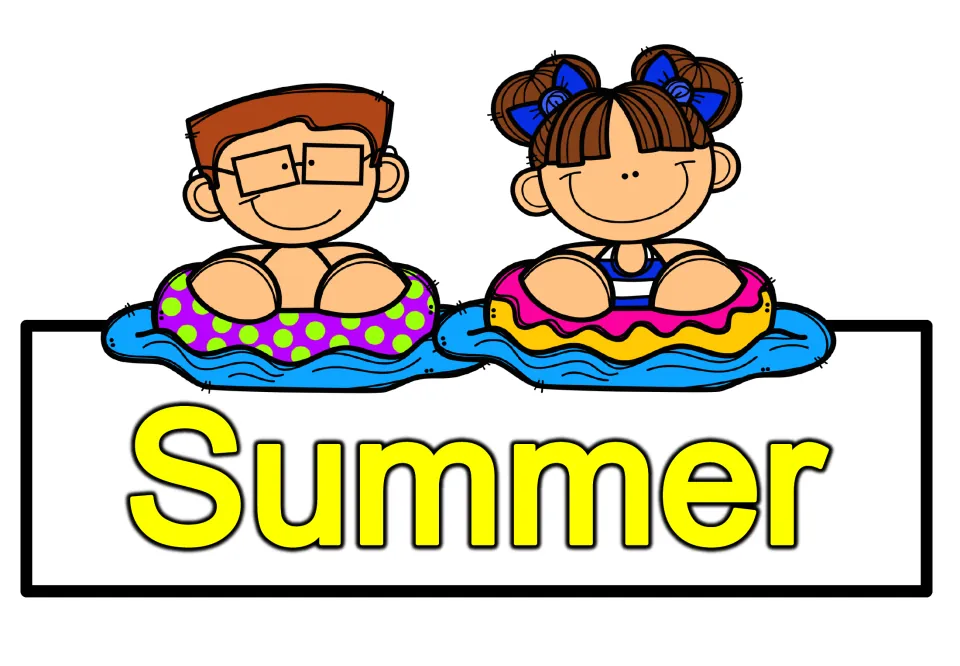 Summer header card in yellow letters with a boy and girl floating in swim rings, to title the seasonal vocabulary display