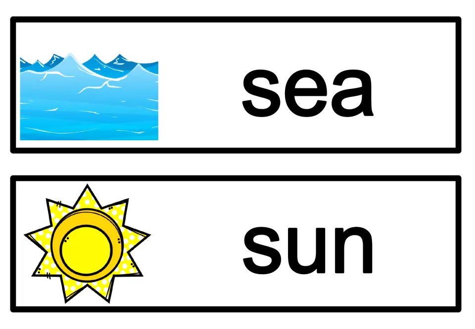 Summer word cards for sea and sun, each word paired with a picture of ocean water or a sun for picture-word matching