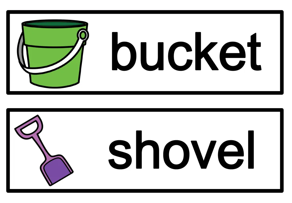 Beach tool word cards: bucket shown with a green pail and shovel with a purple spade, for reading picture-supported nouns