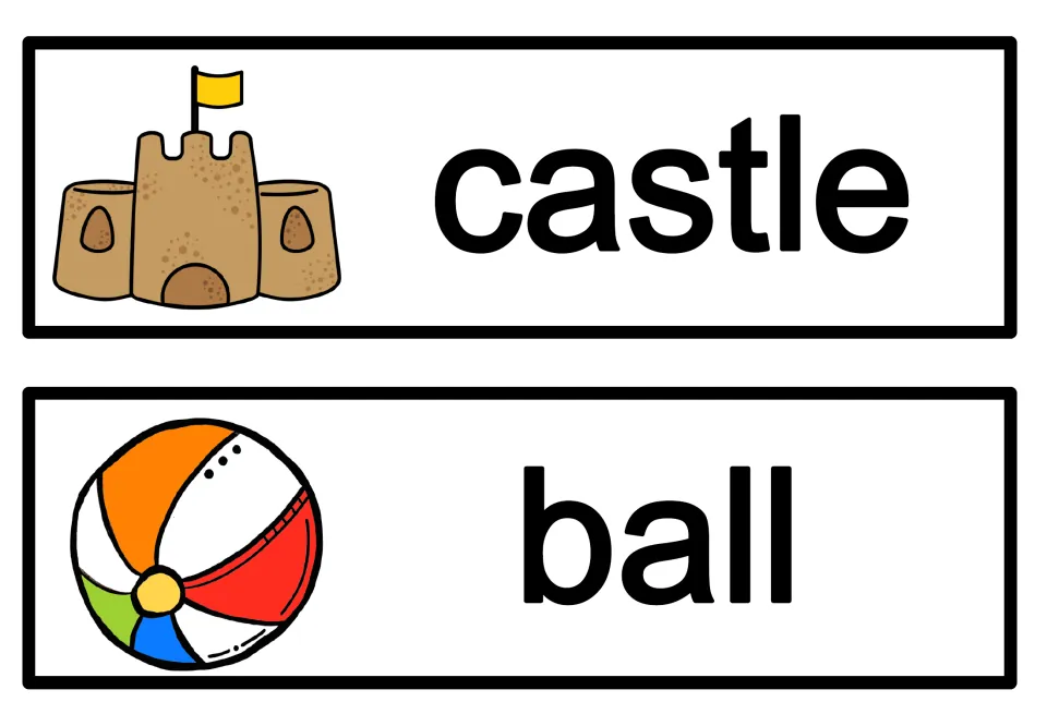 Word cards for castle and ball, shown with a sandcastle topped by a yellow flag and a striped beach ball beside each word