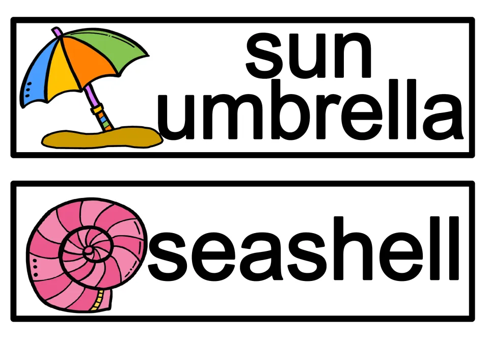 Word cards for sun umbrella and seashell, with a rainbow beach umbrella in sand and a pink spiral shell next to the words