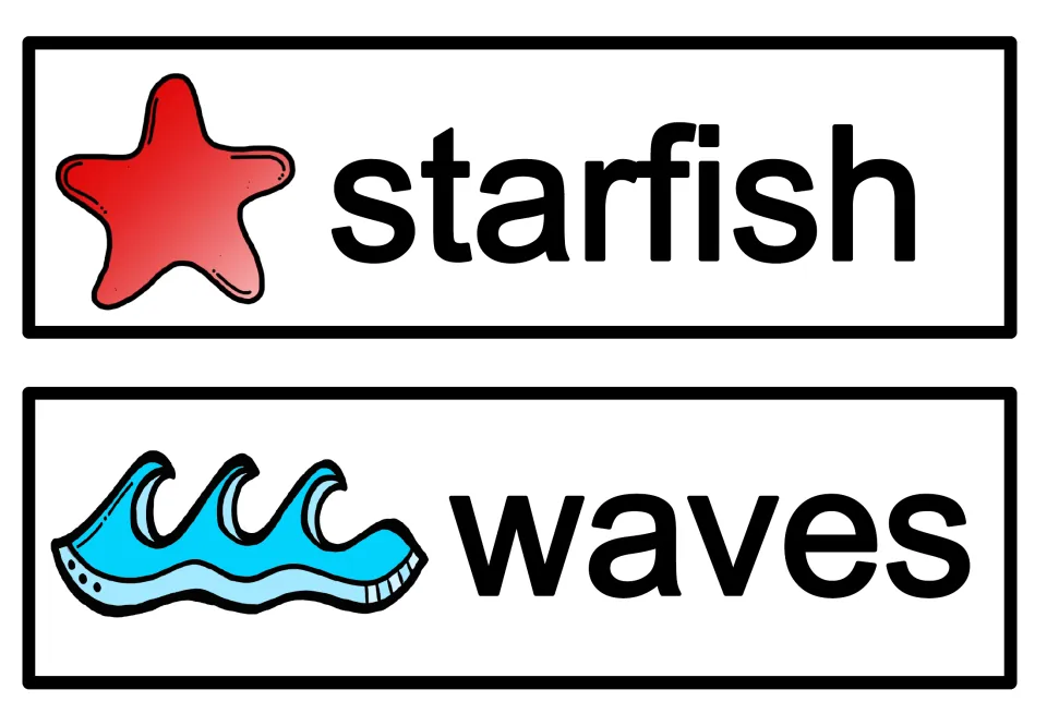 Ocean word cards for starfish and waves, each pictured with a red sea star or blue curling waves for word-picture reading