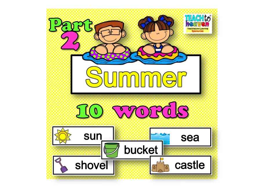 Summer Part 2 cover: 10 words, with word cards for sun, sea, bucket, shovel and castle below two kids in swim rings