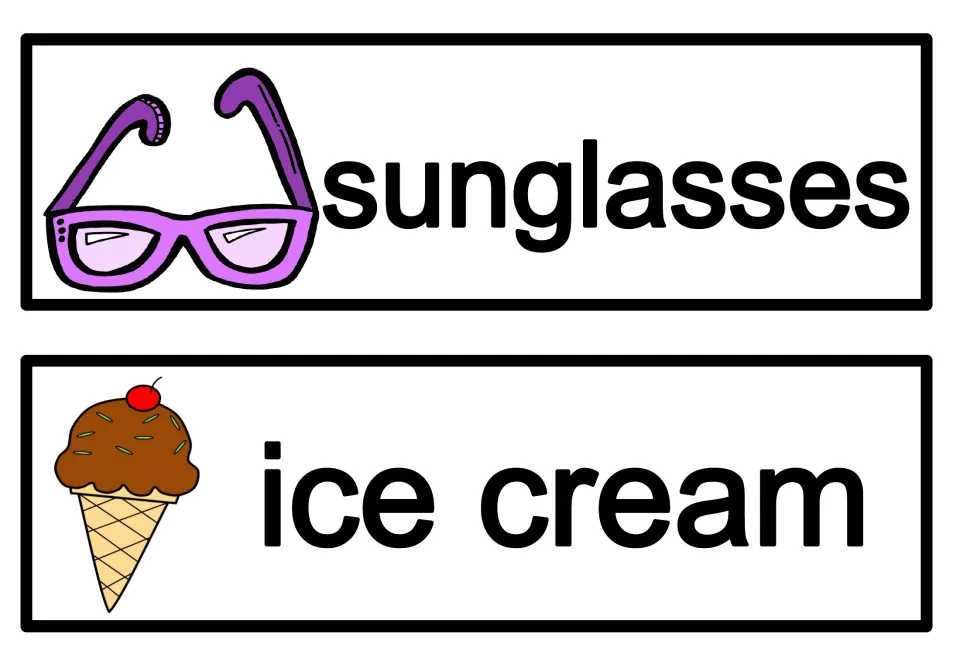 Summer vocabulary cards: 'sunglasses' with purple sunglasses and 'ice cream' with a chocolate ice cream cone