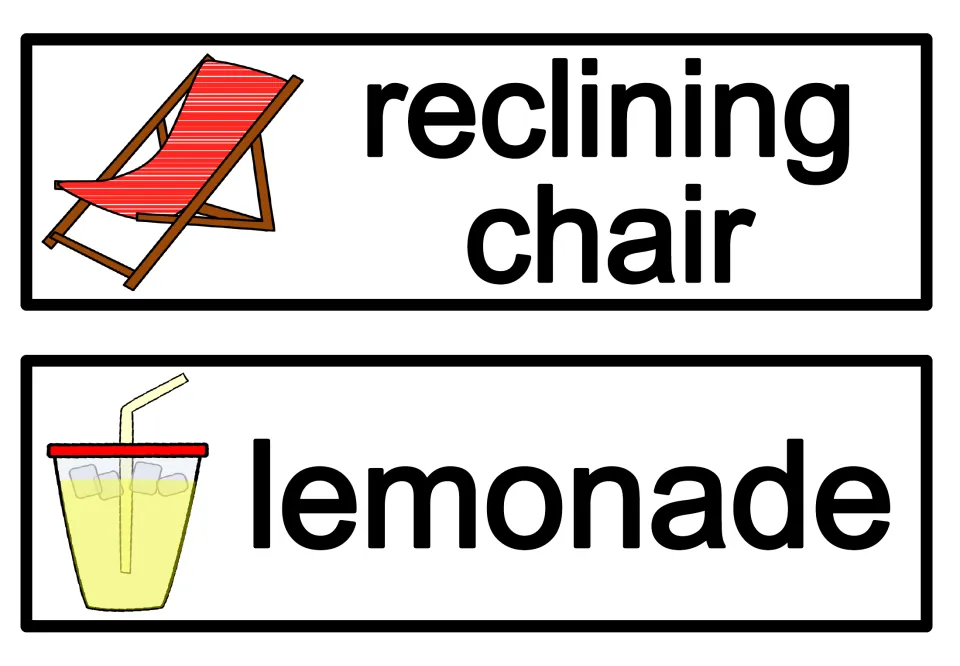 Summer word cards for 'reclining chair' with a red striped deck chair and 'lemonade' with a cup of iced lemonade