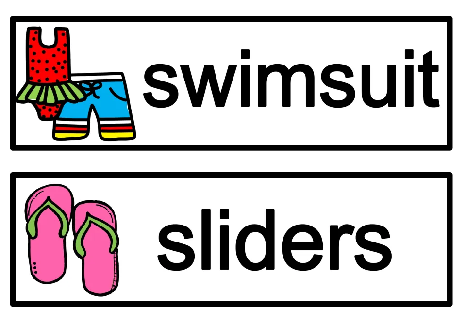 Summer clothing word cards: 'swimsuit' with a swimsuit and swim shorts, and 'sliders' with a pair of pink flip-flops
