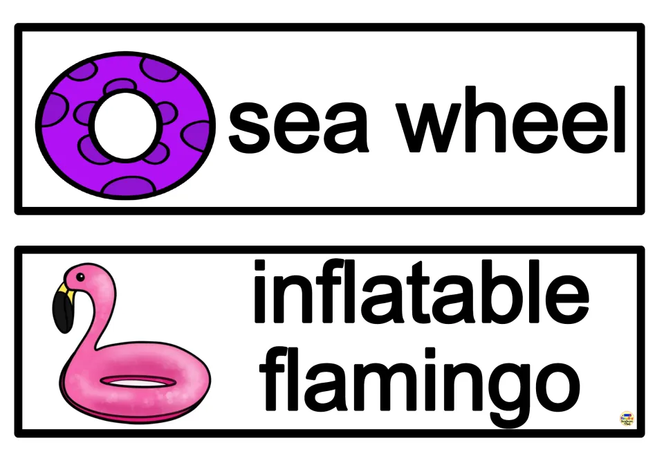 Pool float word cards: 'sea wheel' with a purple swim ring and 'inflatable flamingo' with a pink flamingo float