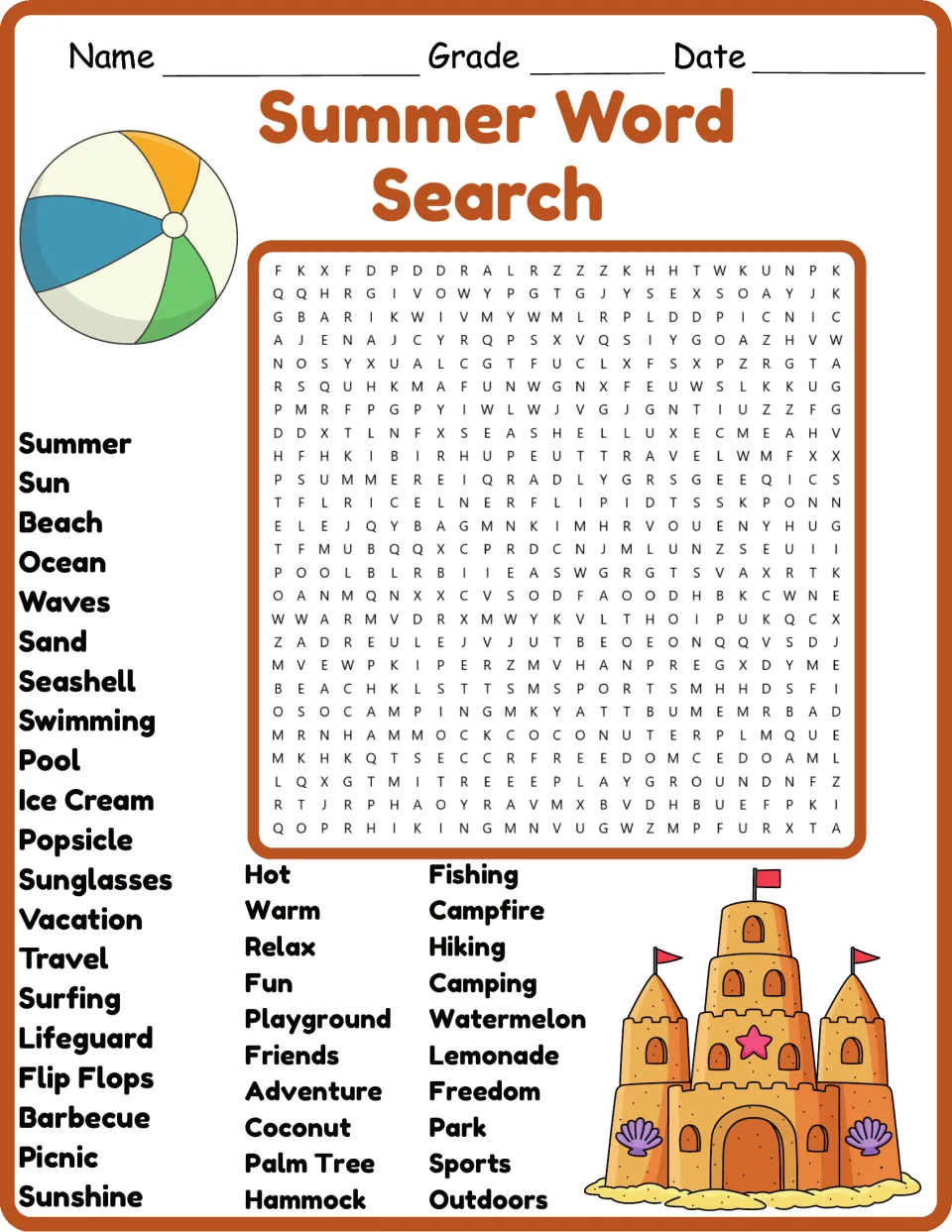 Summer word search in color: students find 40 summer words such as beach, lifeguard and lemonade hidden in the letters