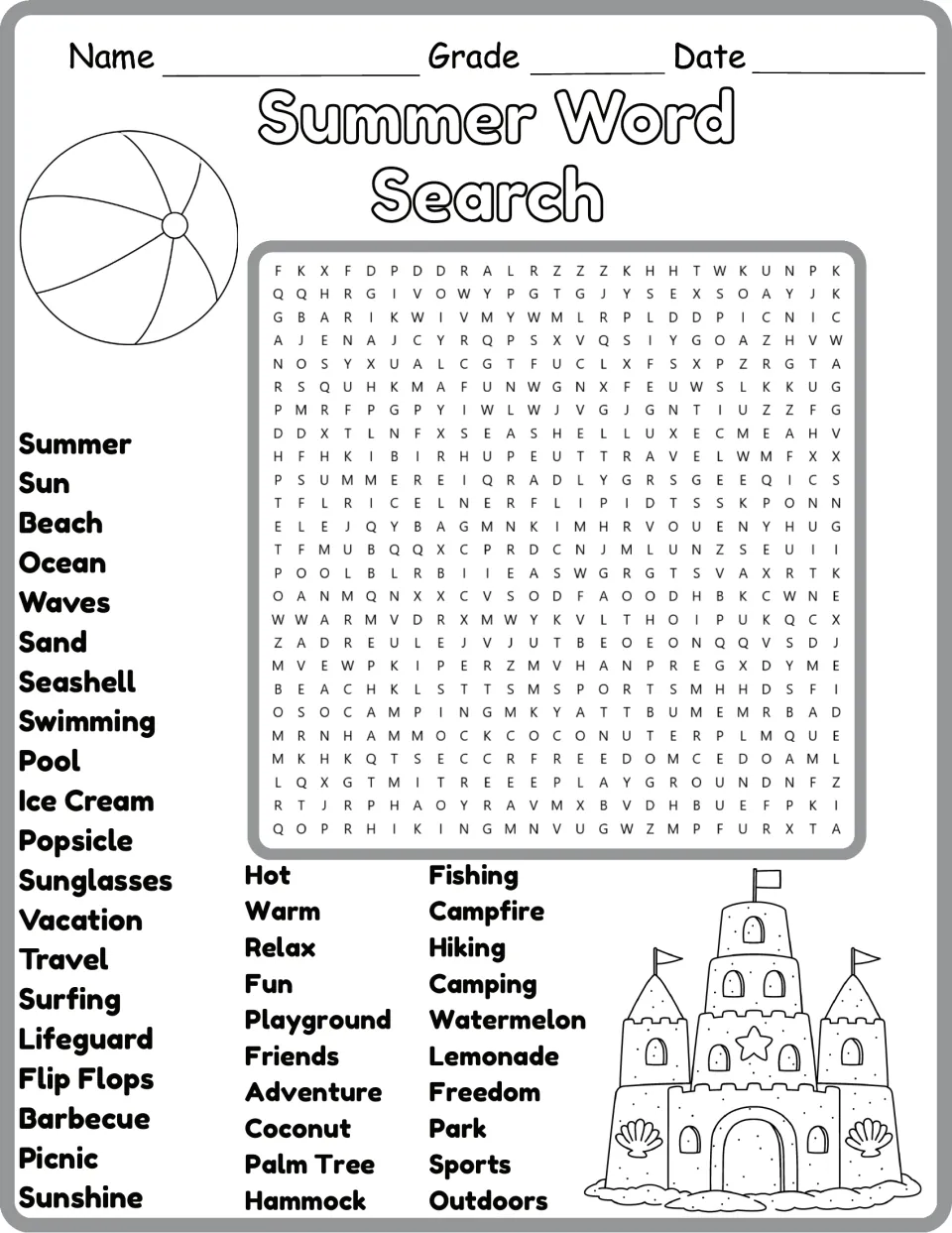 Black-and-white summer word search: students hunt for 40 vocabulary words like seashell, campfire and watermelon