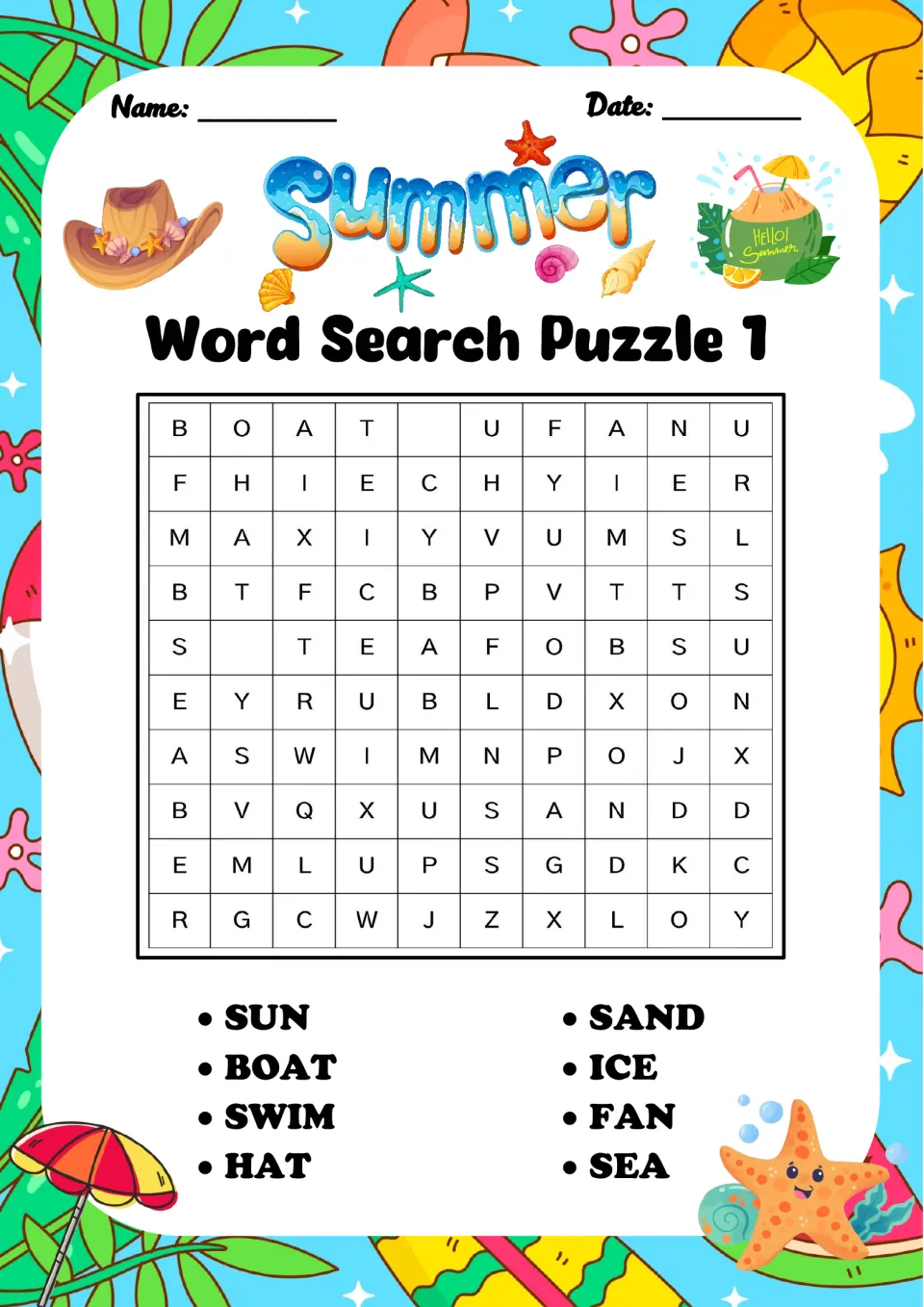 Summer Word Search Puzzle 1: students find 8 beach words, including SUN, BOAT, SWIM, HAT, SAND, ICE, FAN and SEA