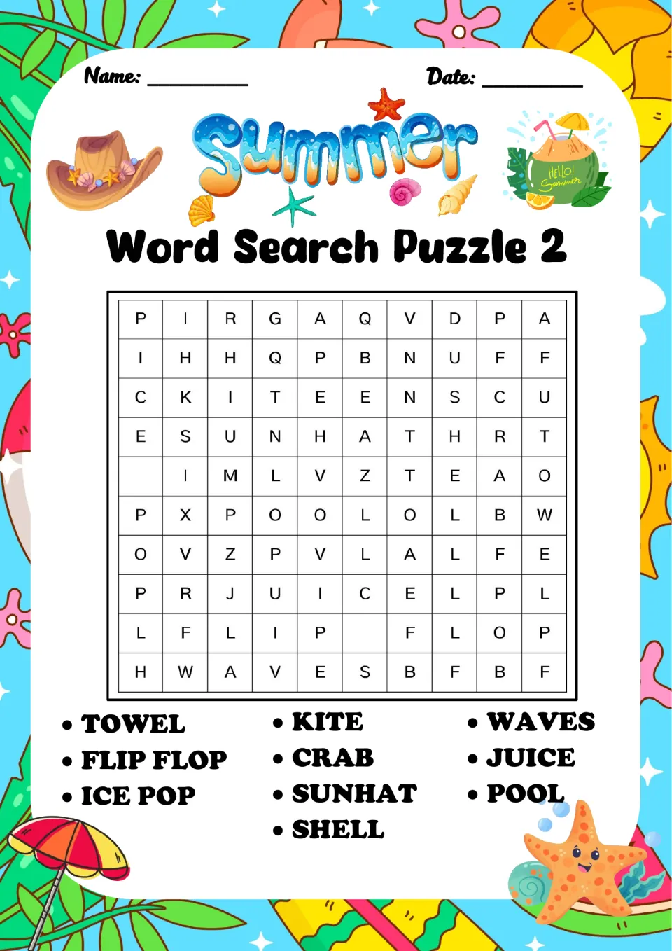 Word Search Puzzle 2: students hunt for 10 summer words such as TOWEL, FLIP FLOP, ICE POP, KITE, CRAB, SUNHAT and WAVES