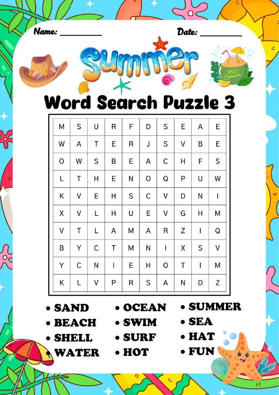 Word Search Puzzle 3: students locate 12 beach words like SAND, BEACH, SHELL, WATER, OCEAN, SURF, SUMMER and FUN