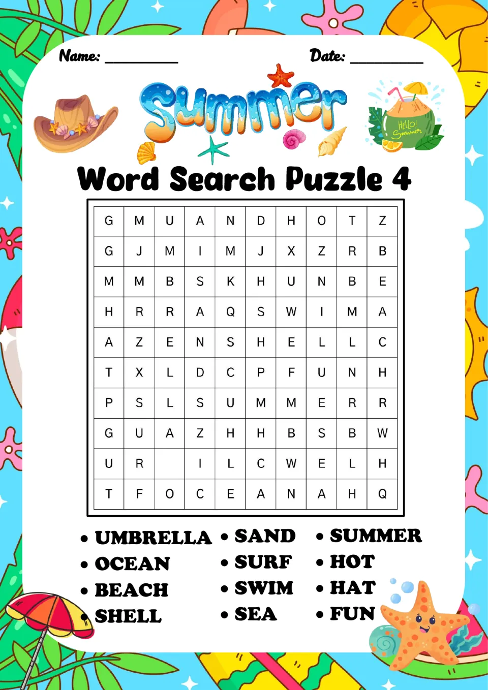 Word Search Puzzle 4: students circle 12 summer words, among them UMBRELLA, OCEAN, BEACH, SURF, SUMMER, HOT and FUN