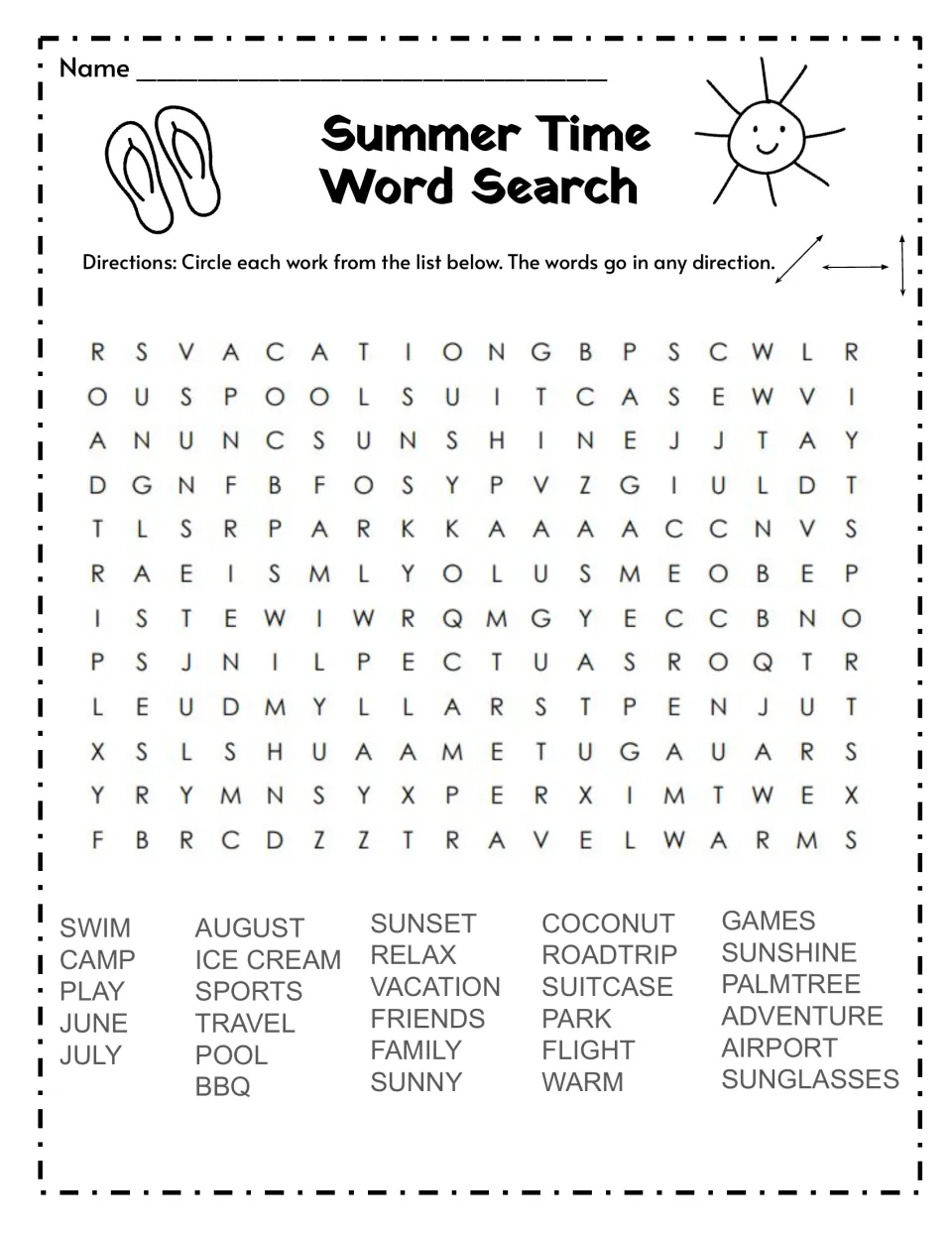 Summer Time word search: students circle 29 words such as vacation, ice cream and sunglasses, hidden in any direction