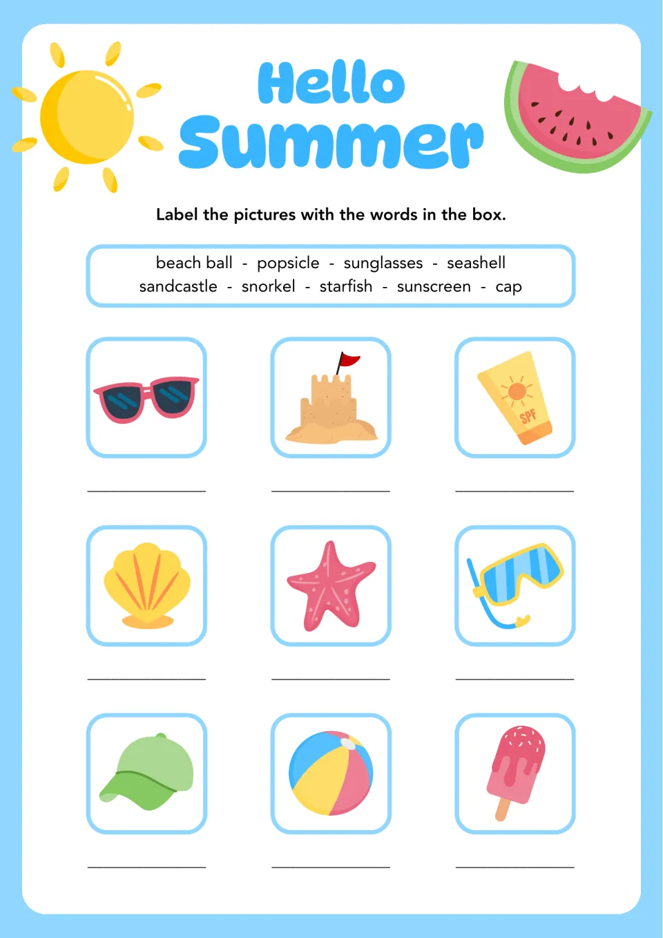Hello Summer picture labeling: students write words like seashell, snorkel and sunscreen under 9 beach item pictures