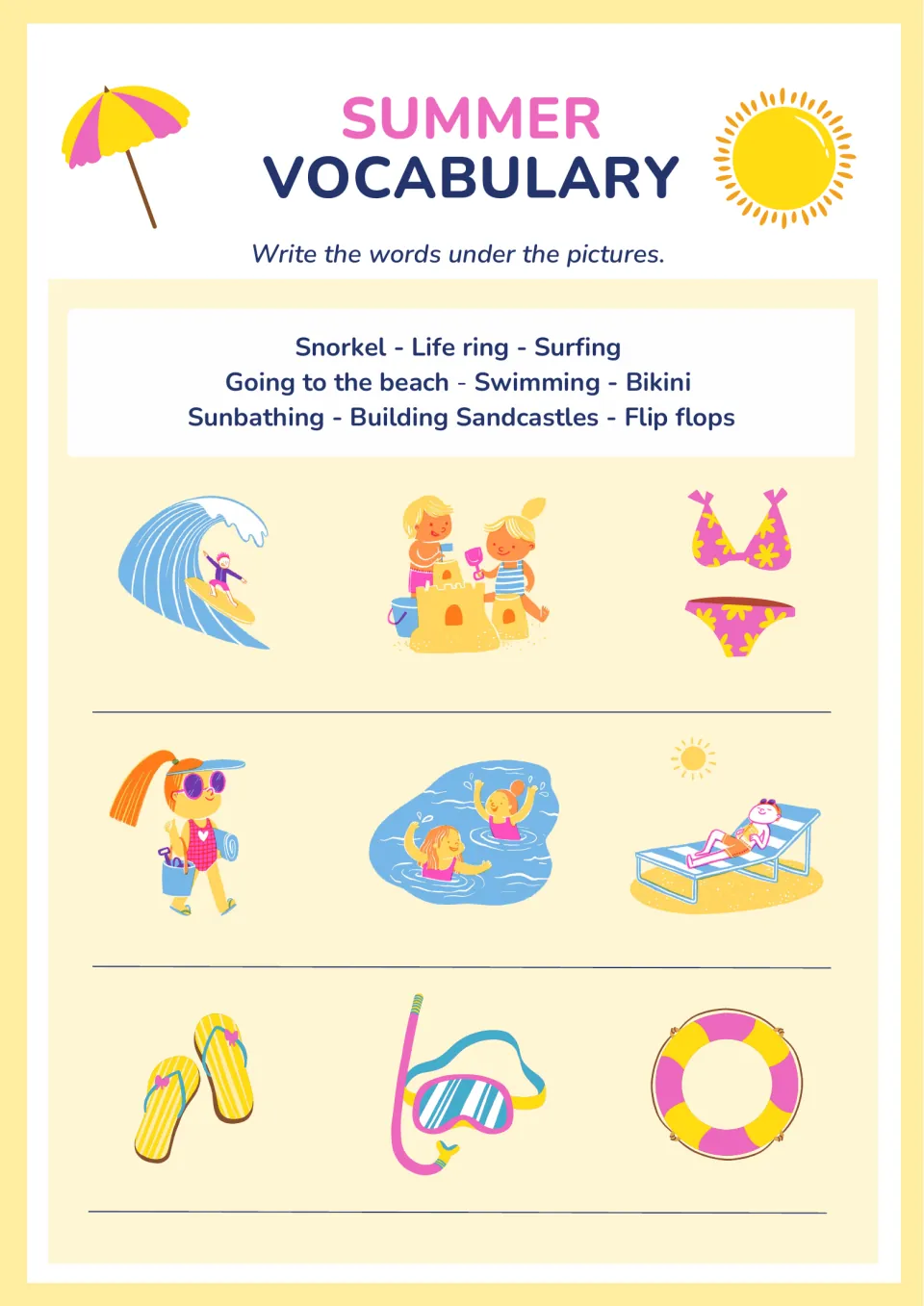 Summer vocabulary: students write words such as surfing, sunbathing and life ring under 9 pictures of beach activities