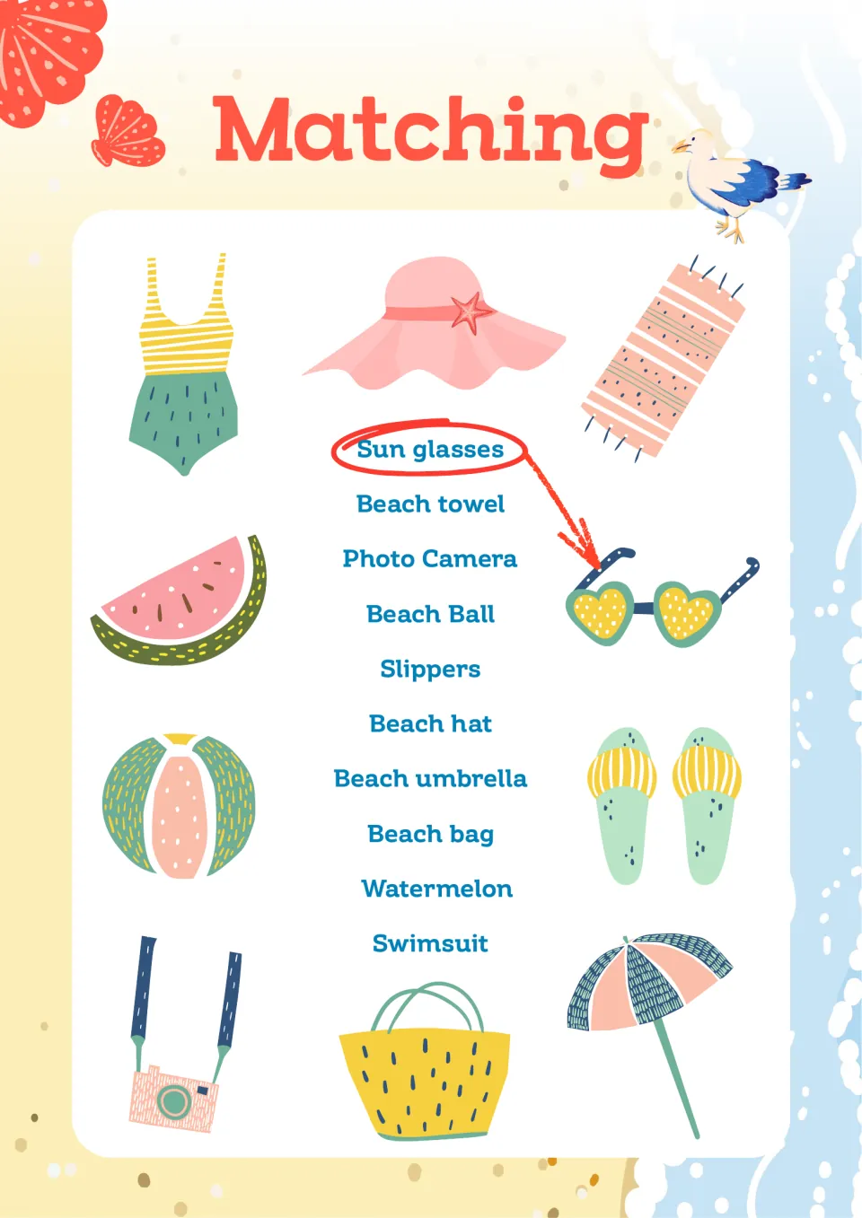 Summer matching: students draw lines from 10 words like beach towel and camera to pictures, with sunglasses as an example